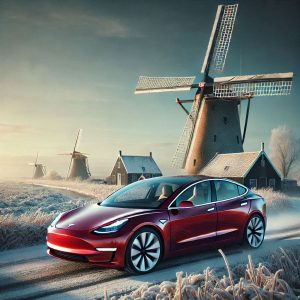 rode tesla in  Nederlands winterlandschap